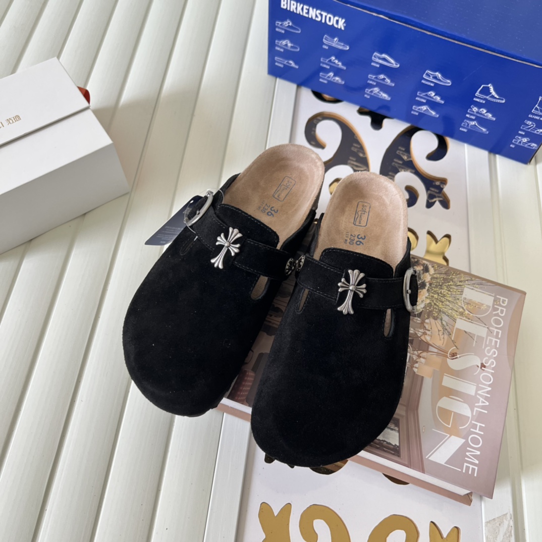 Birkenstock Suede Cross Buckle Clogs Black