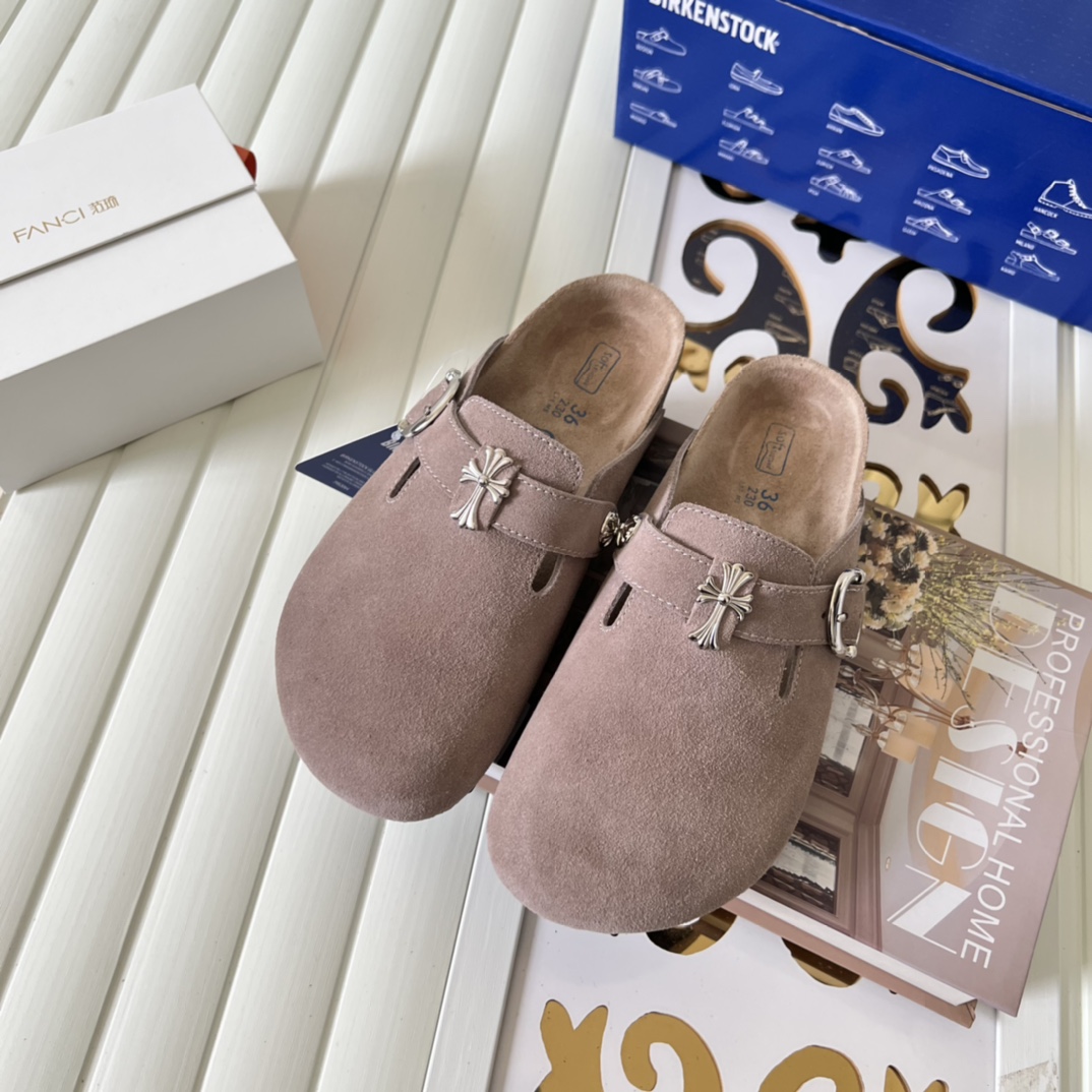 Birkenstock Suede Cross Buckle Clogs Taupe