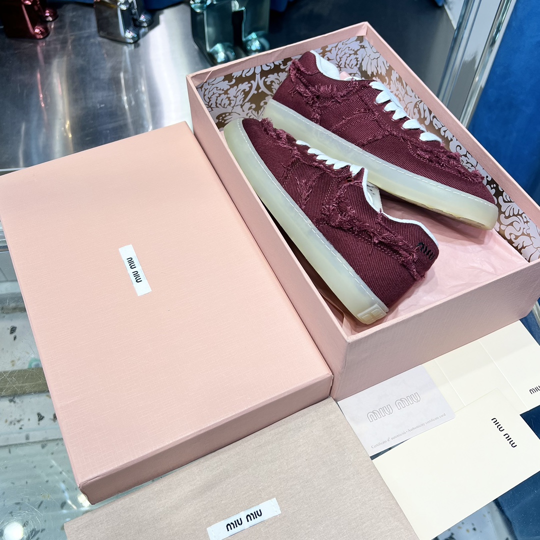 Miu Miu Frayed Canvas Sneaker Burgundy