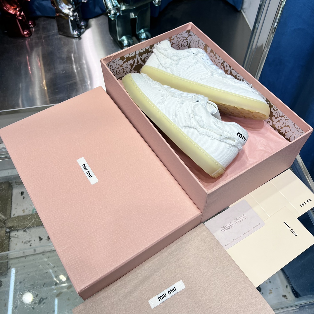 Miu Miu Frayed Canvas Sneakers White
