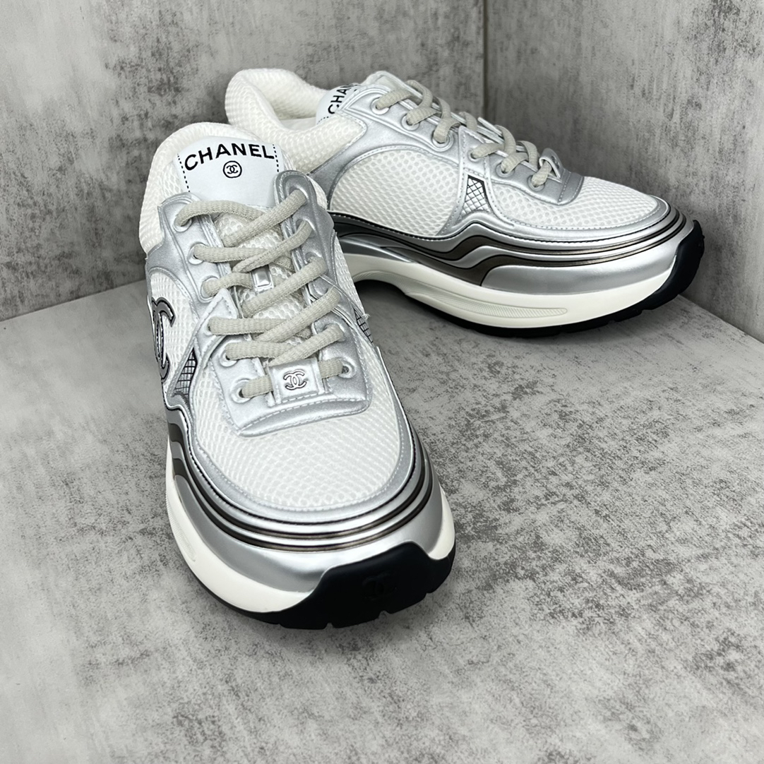 Chanel Mesh Leather Sneakers Silver