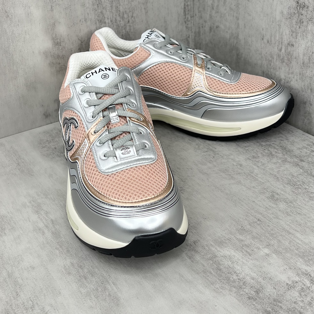 Chanel Mesh Leather Sneakers Silver Pink