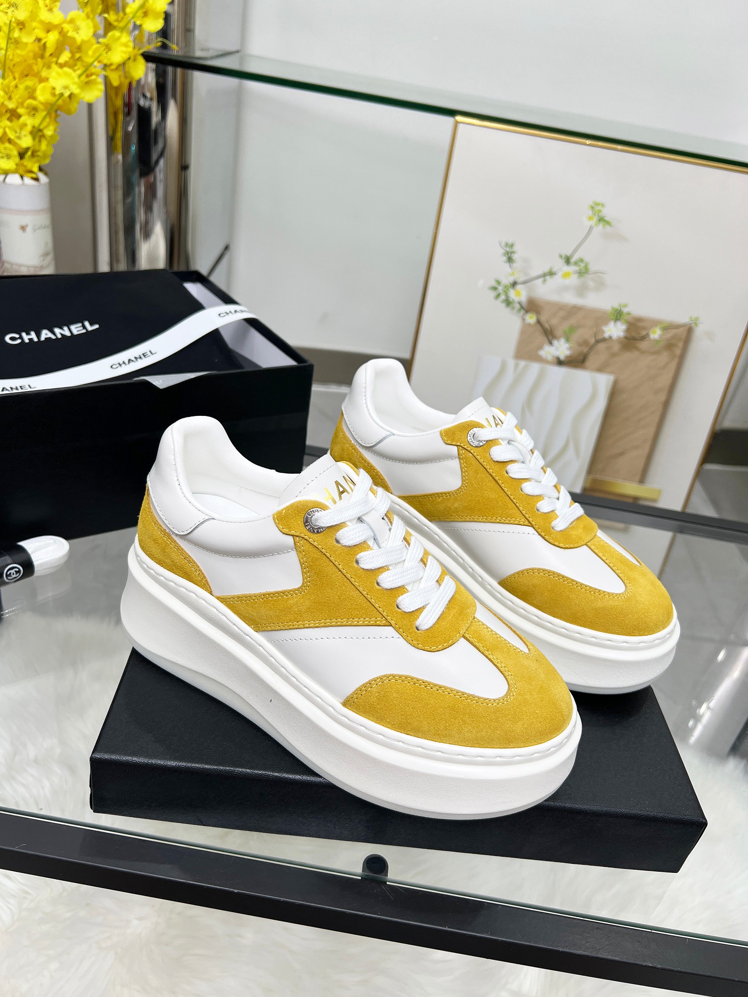 Chanel 25C Platform Sneakers White/Yellow