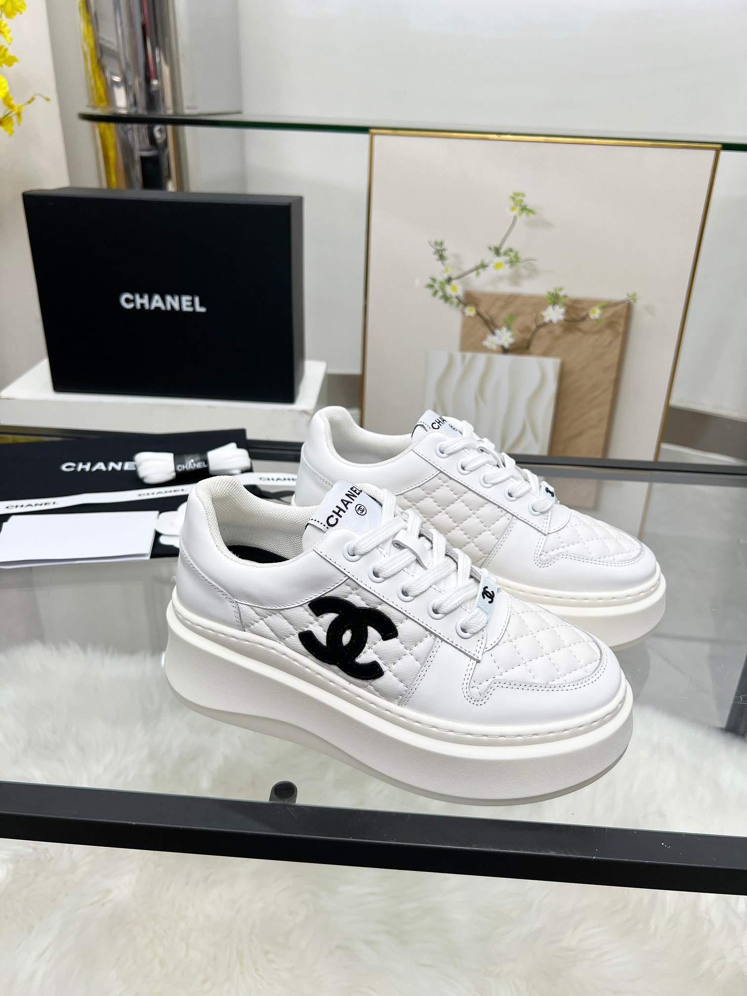 Chanel 25C Quilted Platform Sneakers White/Black