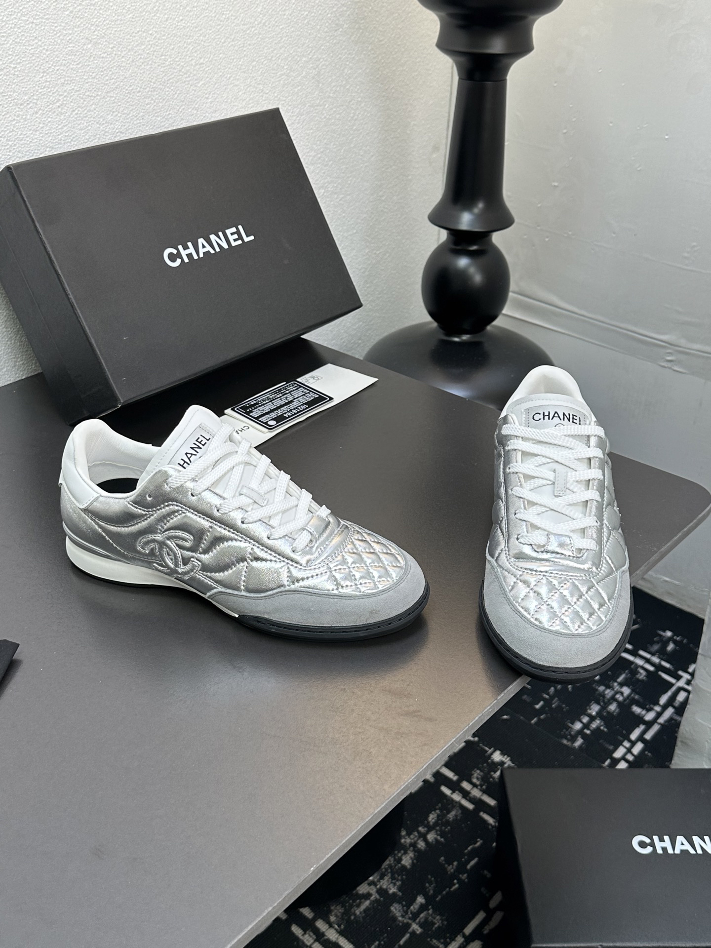 Chanel Quilted Leather Sneakers Silver