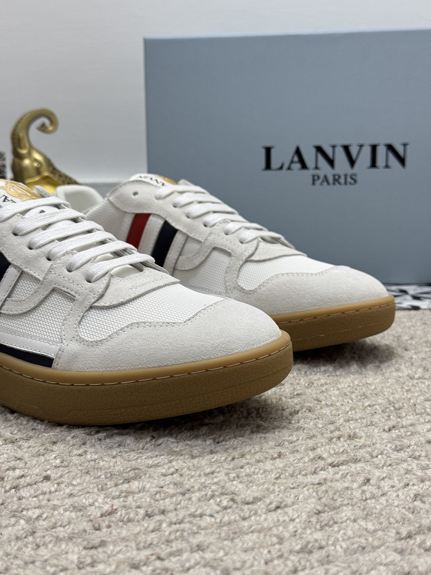 Lanvin Suede Mesh Low-Top Sneakers White/Red/Navy
