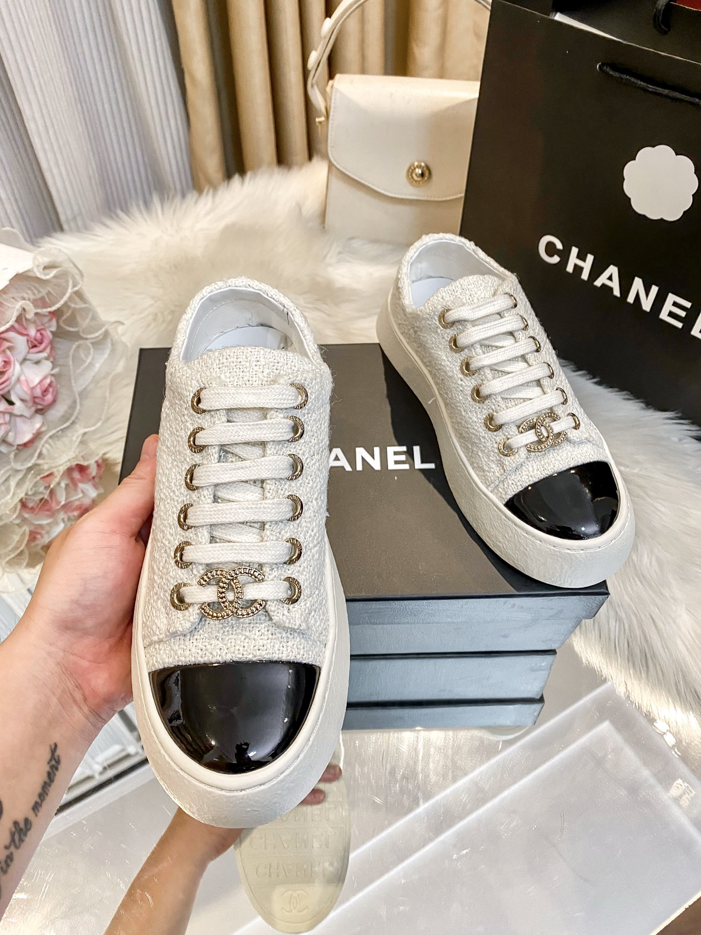 Chanel Tweed Platform Sneakers Black