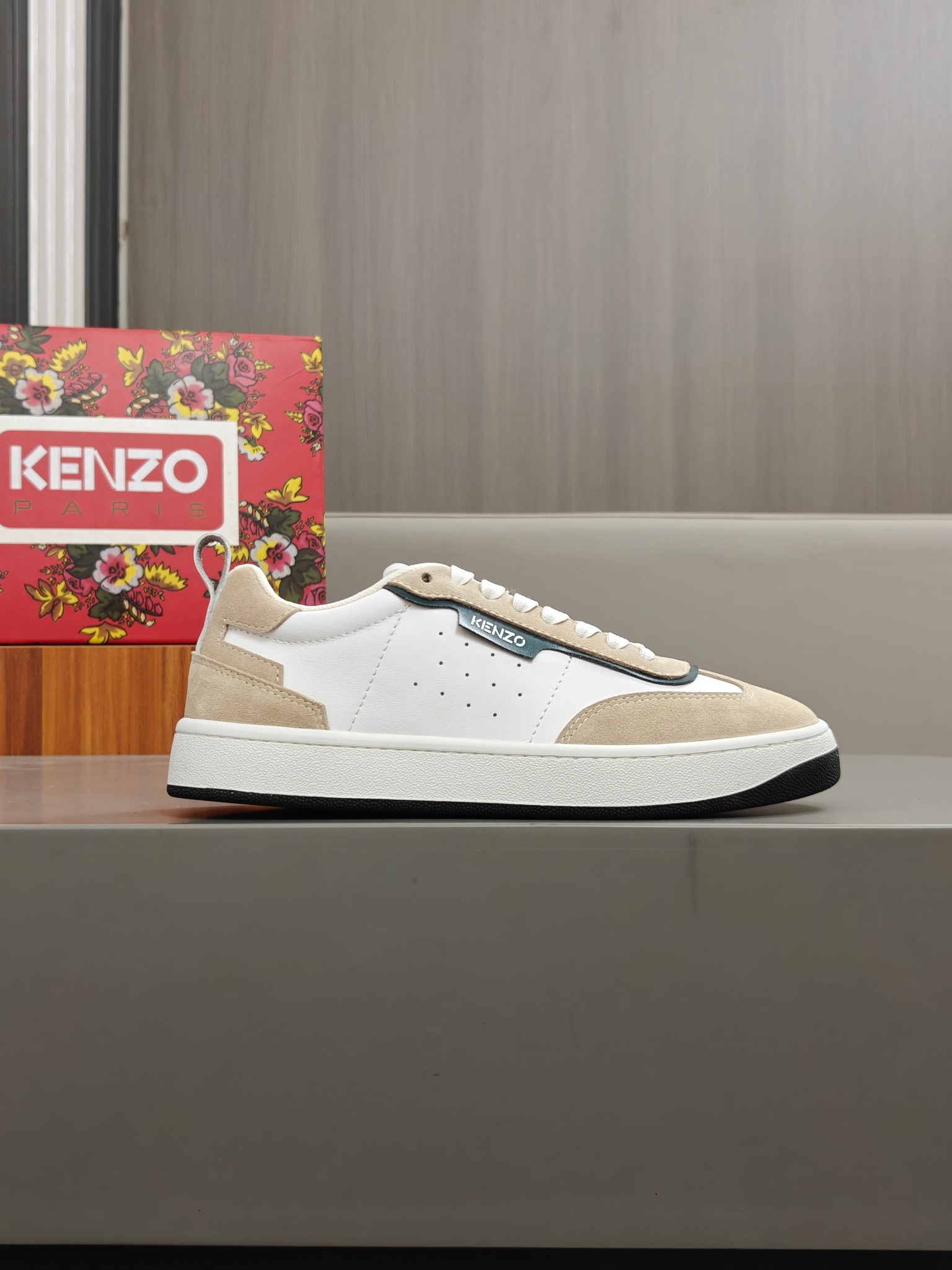 KENZO Calf Leather Low-Top Sneakers Beige