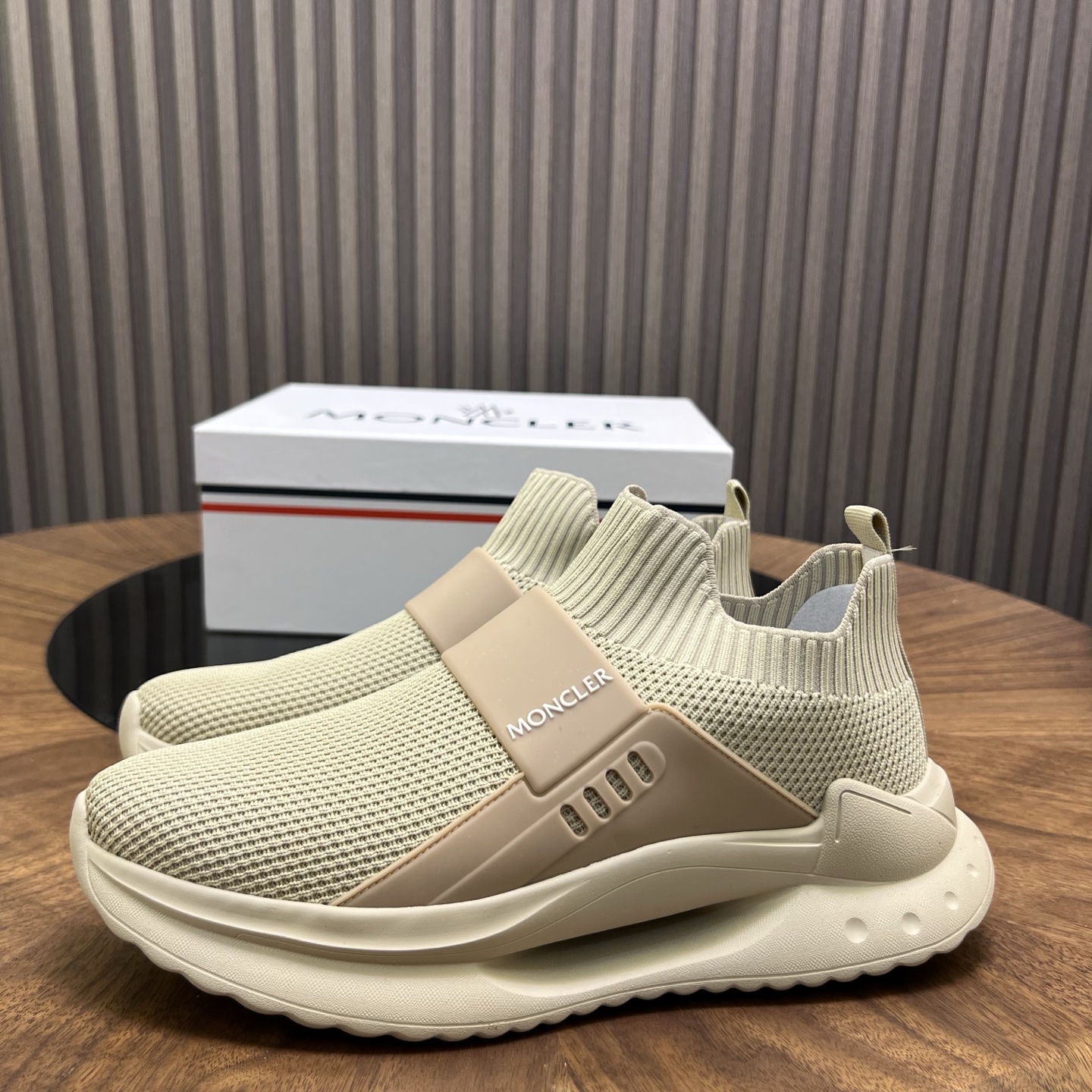 Moncler Knit Slip-On Sneakers Beige