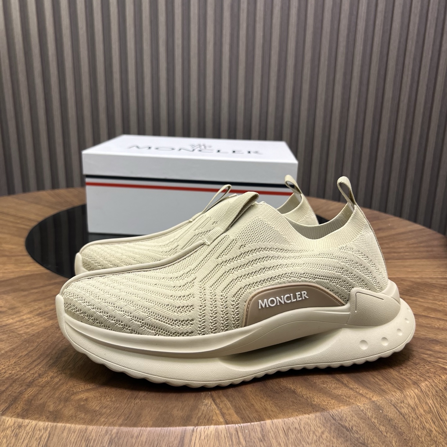 Moncler Knit Slip-On Sneakers Beige