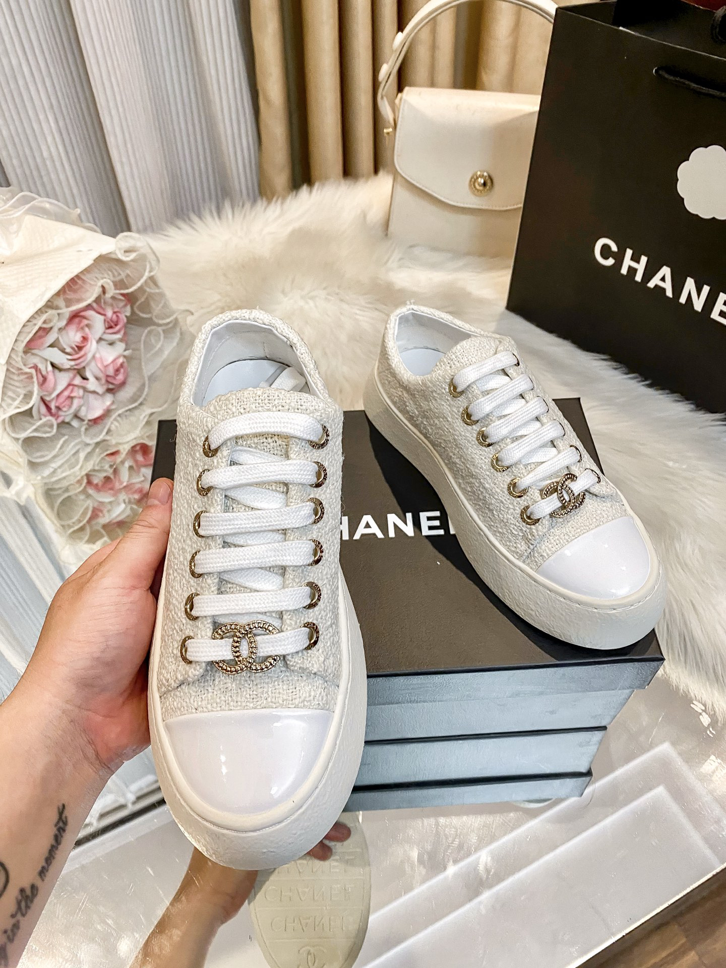 Chanel Tweed Platform Sneakers White