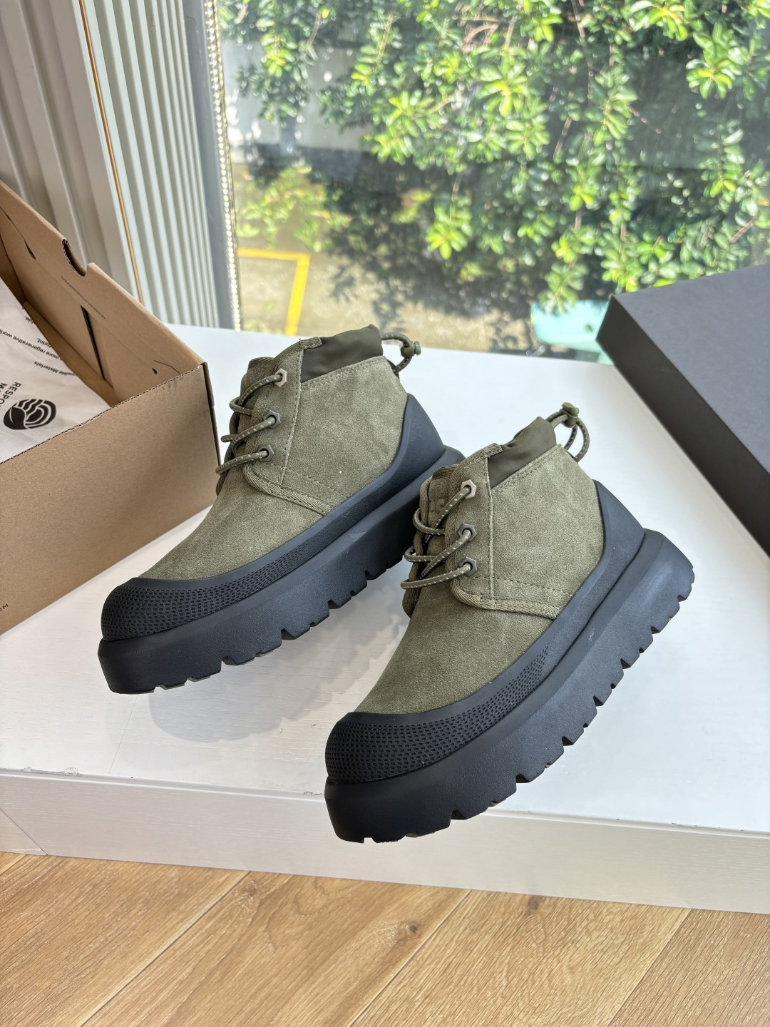 UGG Suede Wool-Lined Platform Boots Olive