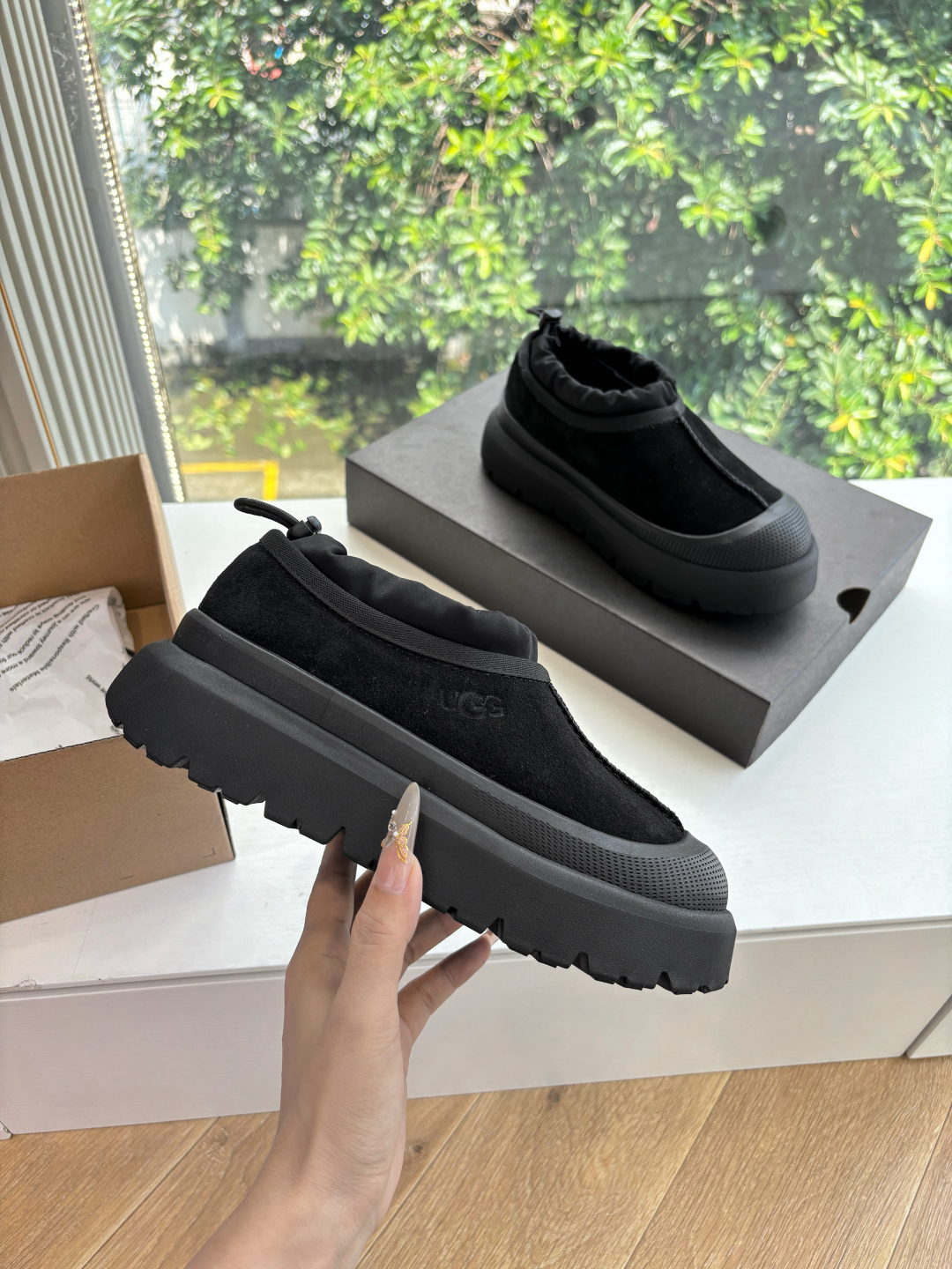 UGG Platform Suede Wool Slippers Black