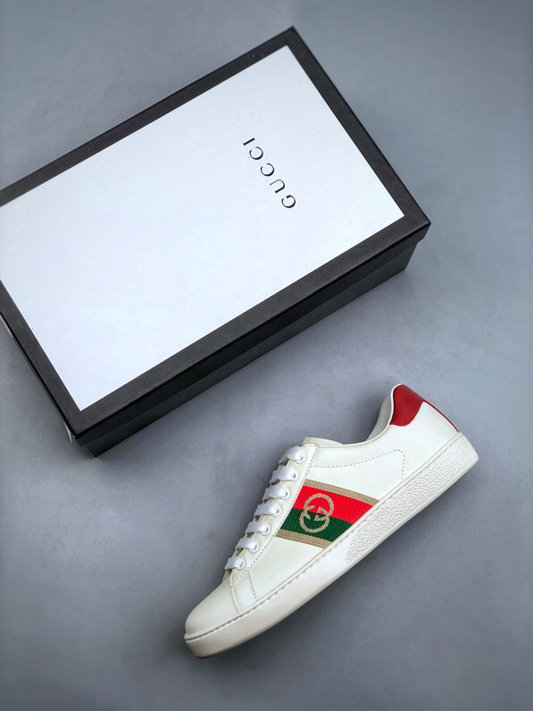 Gucci Ace Stripe Leather Sneakers Beige