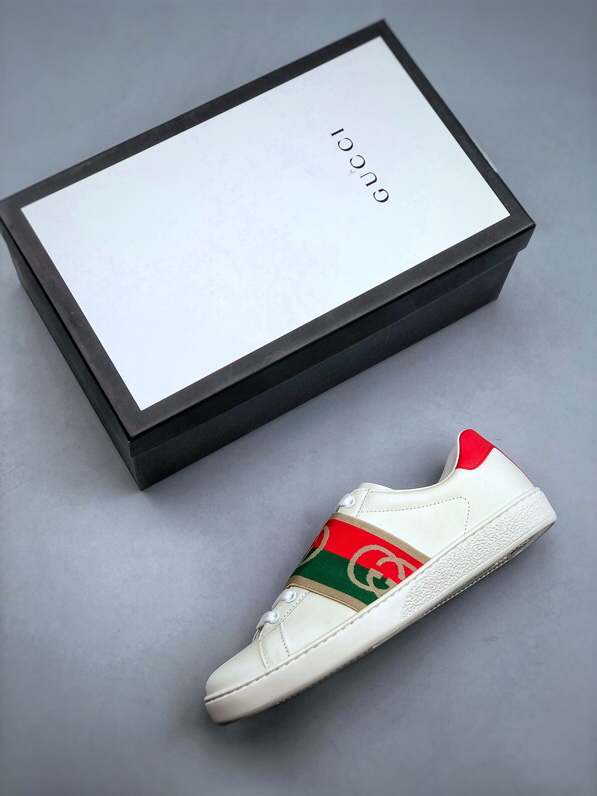 Gucci Ace Web Stripe Leather Sneakers Beige