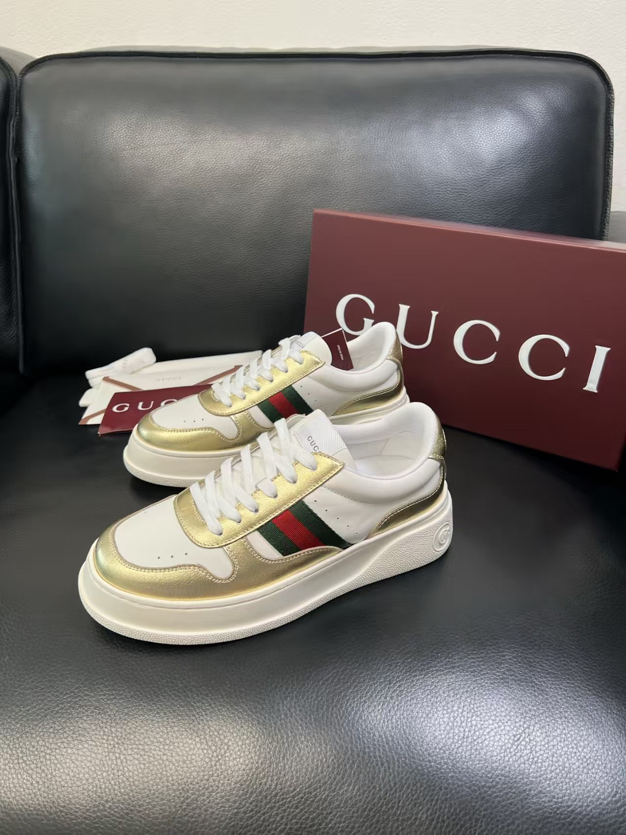 Gucci Web Stripe Platform Sneakers Gold