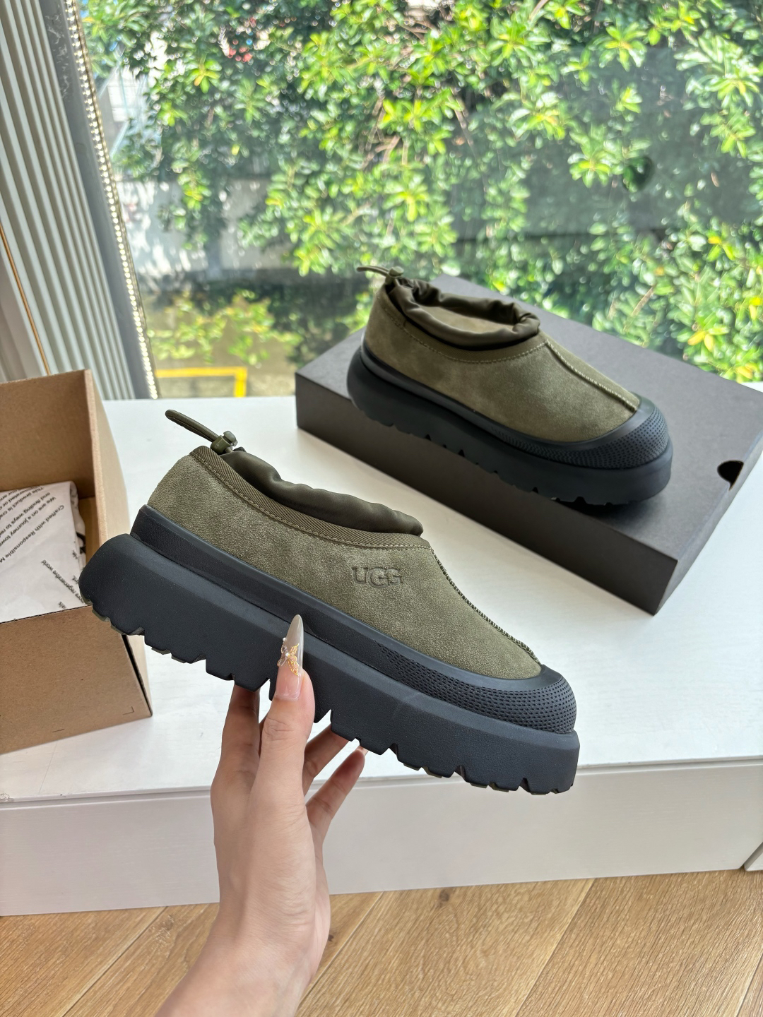 UGG Suede Lined Platform Clogs Olive