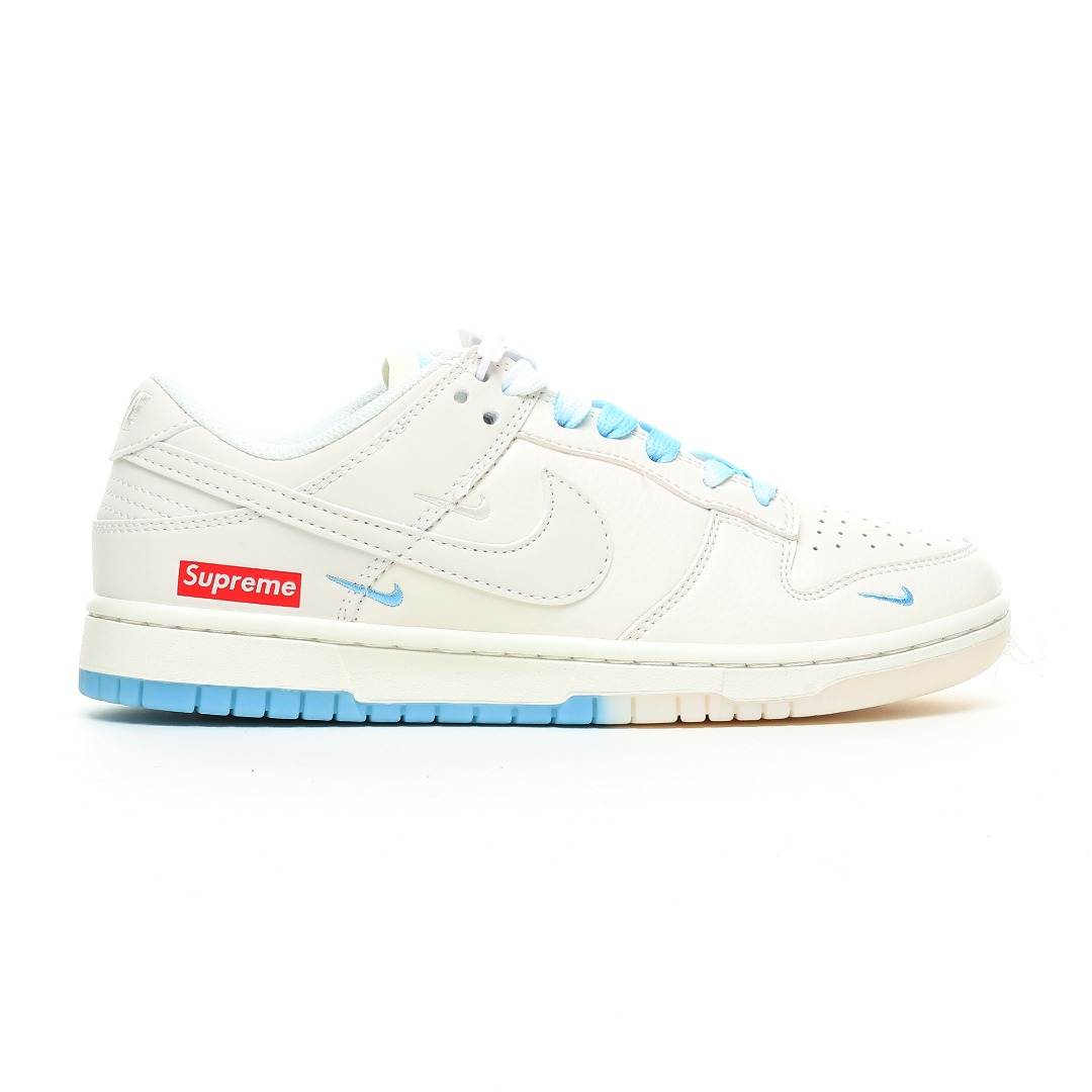 Nike SB Dunk Low Supreme Collab White Blue Sneakers, White/Blue