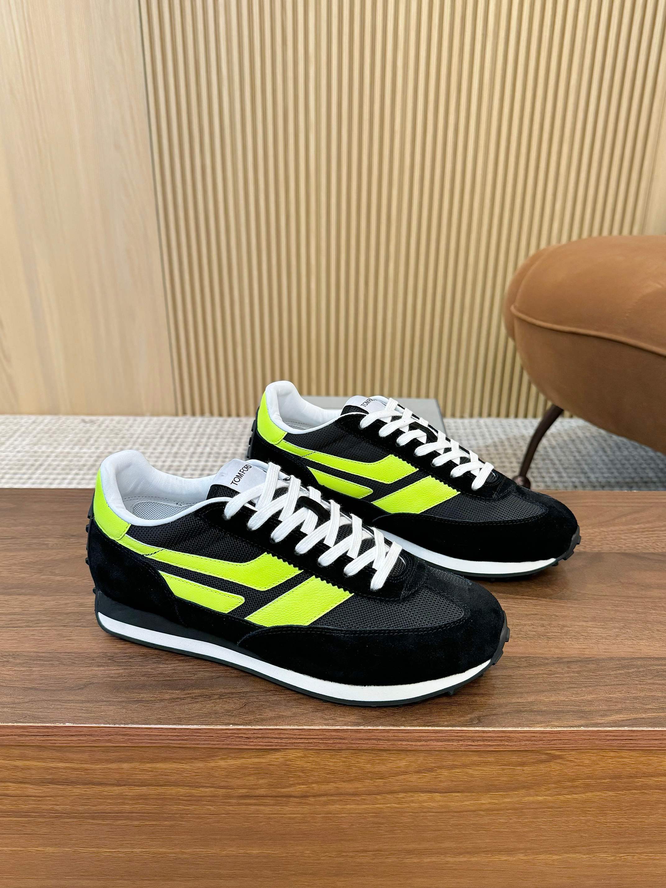 Tom Ford Mesh Suede Low-Top Sneakers Black/Neon Yellow