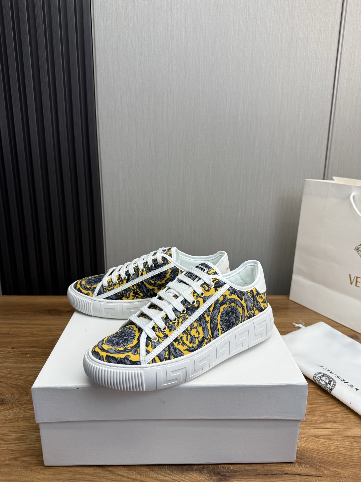 Versace Barocco Print Leather Sneakers Yellow