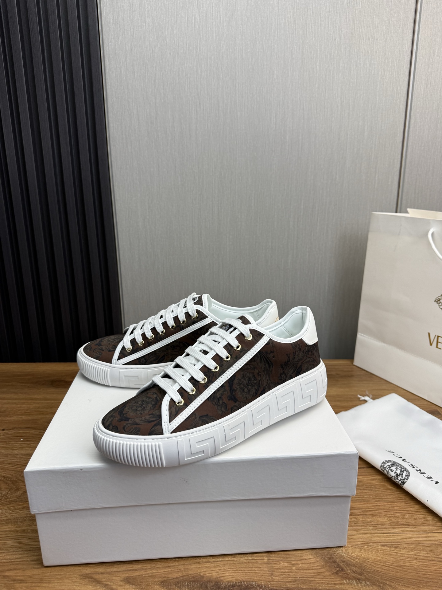 Versace Baroque Leather Sneakers Brown
