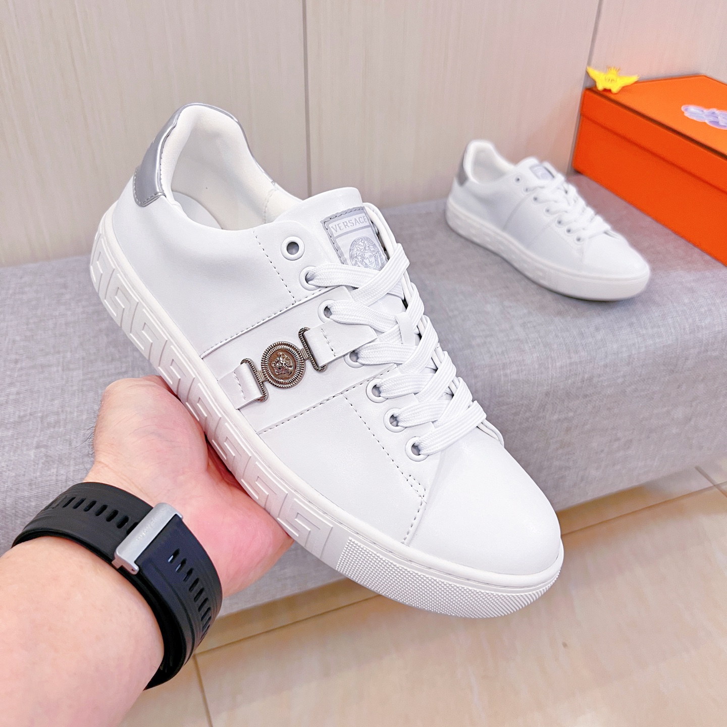 Versace Leather Low-Top Sneakers White/Silver