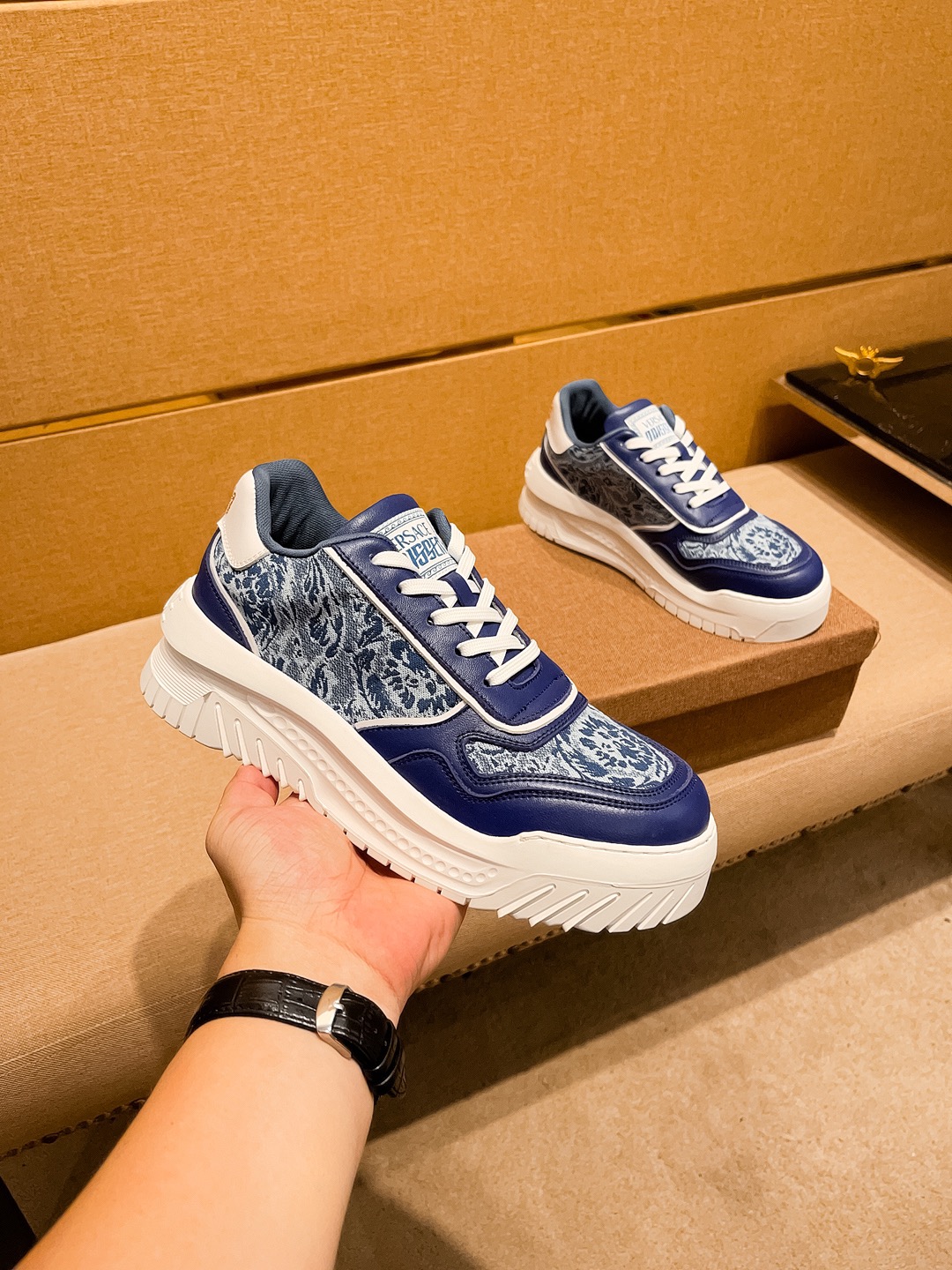 Versace Jacquard Low-Top Sneakers Blue