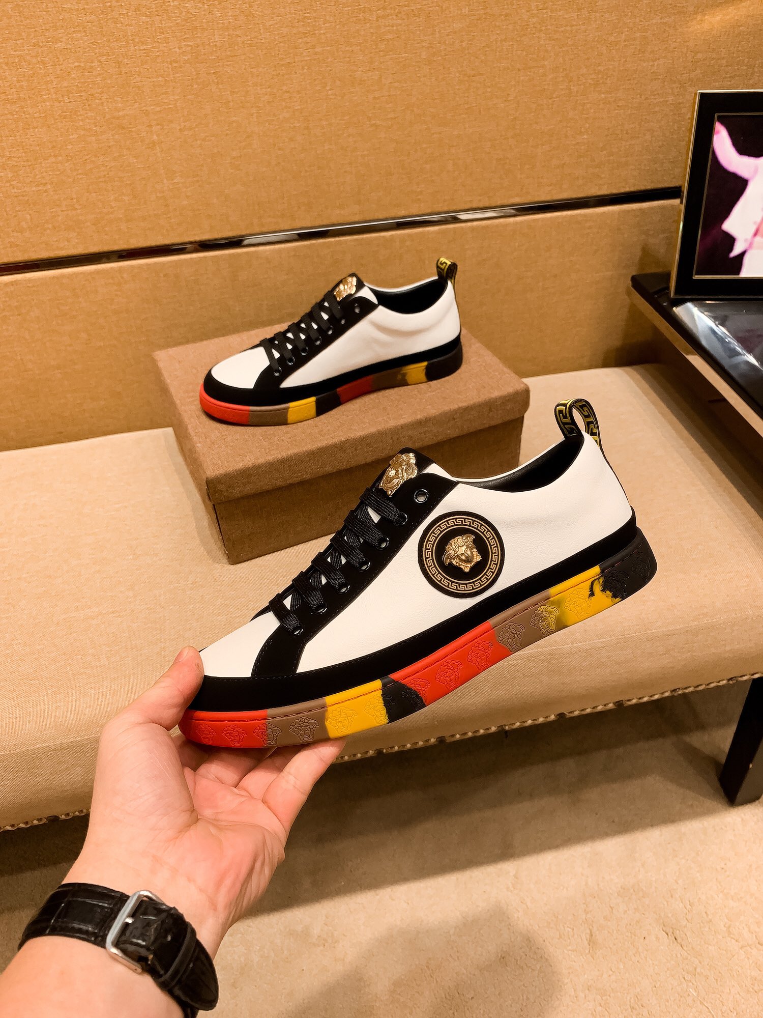 Versace Medusa Leather Low-Top Sneakers Black/White