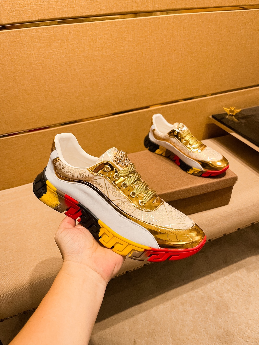 Versace Leather Runner Sneakers White Gold Multicolor
