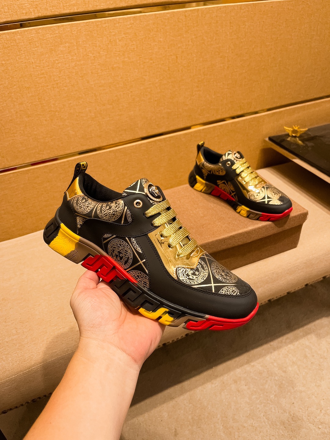 Versace Leather Low-Top Sneakers Black/Gold/Red