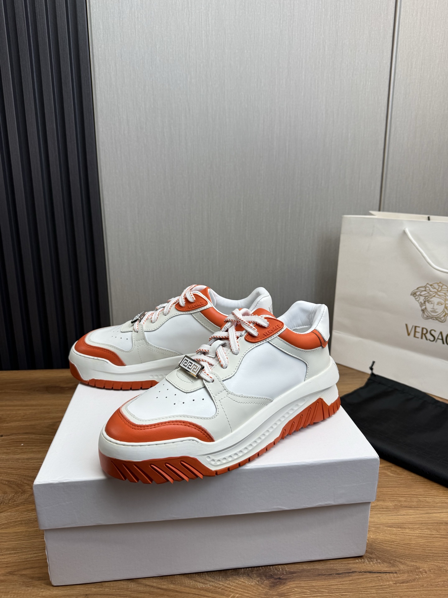 Versace Leather Casual Sneakers White-Orange