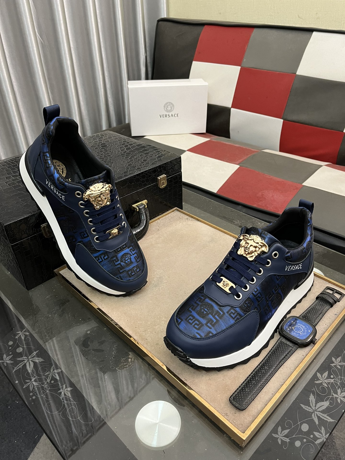 Versace Medusa Leather Sneakers Navy