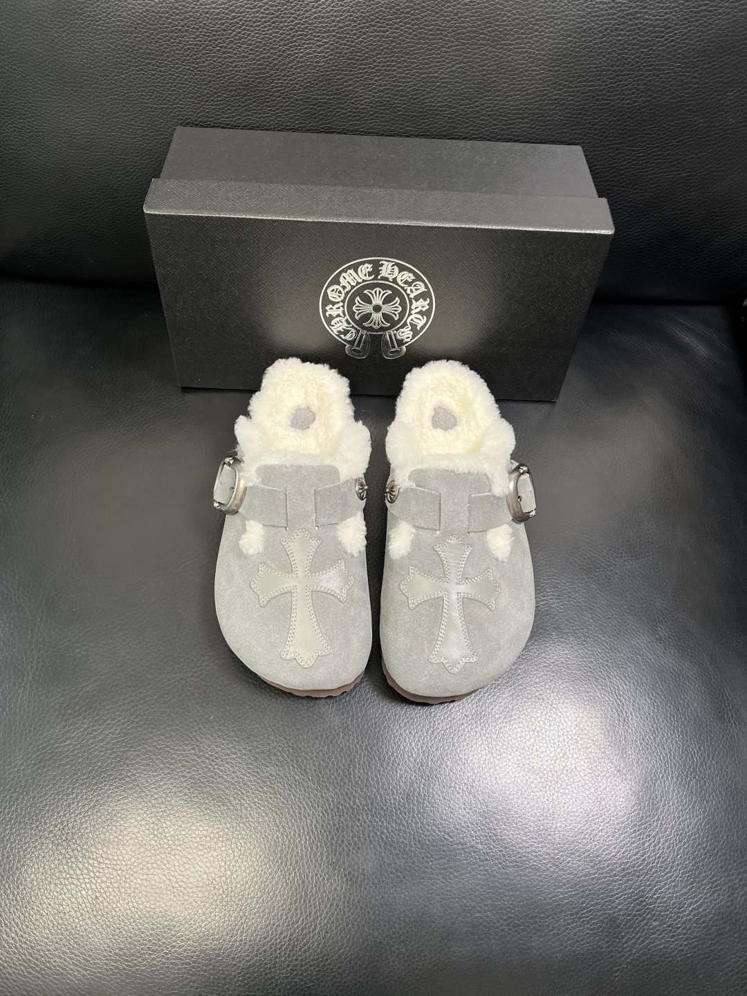 Chrome Heart Shearling-Lined Suede Clogs Gray