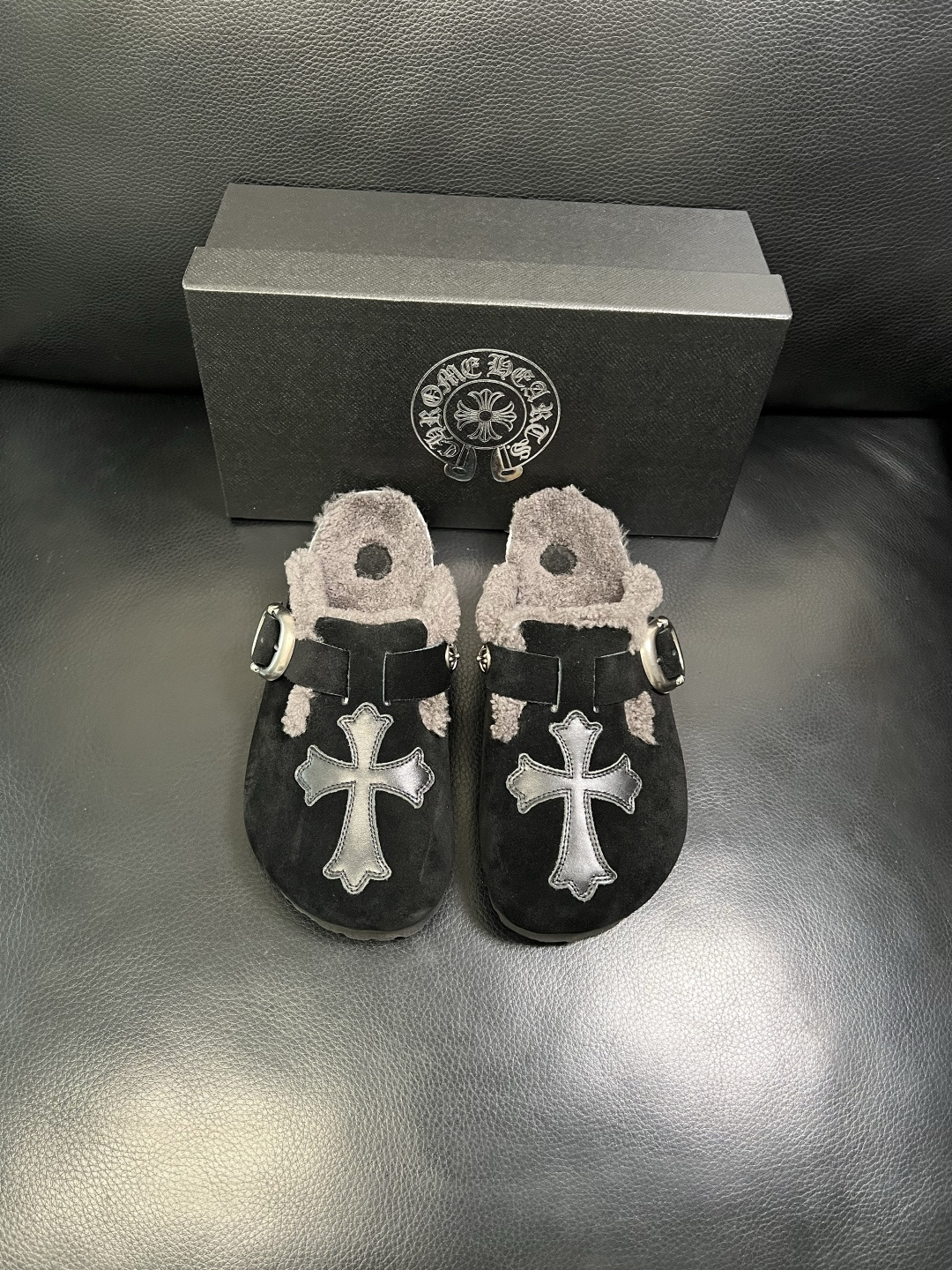 Chrome Heart Shearling Lined Suede Clogs Black