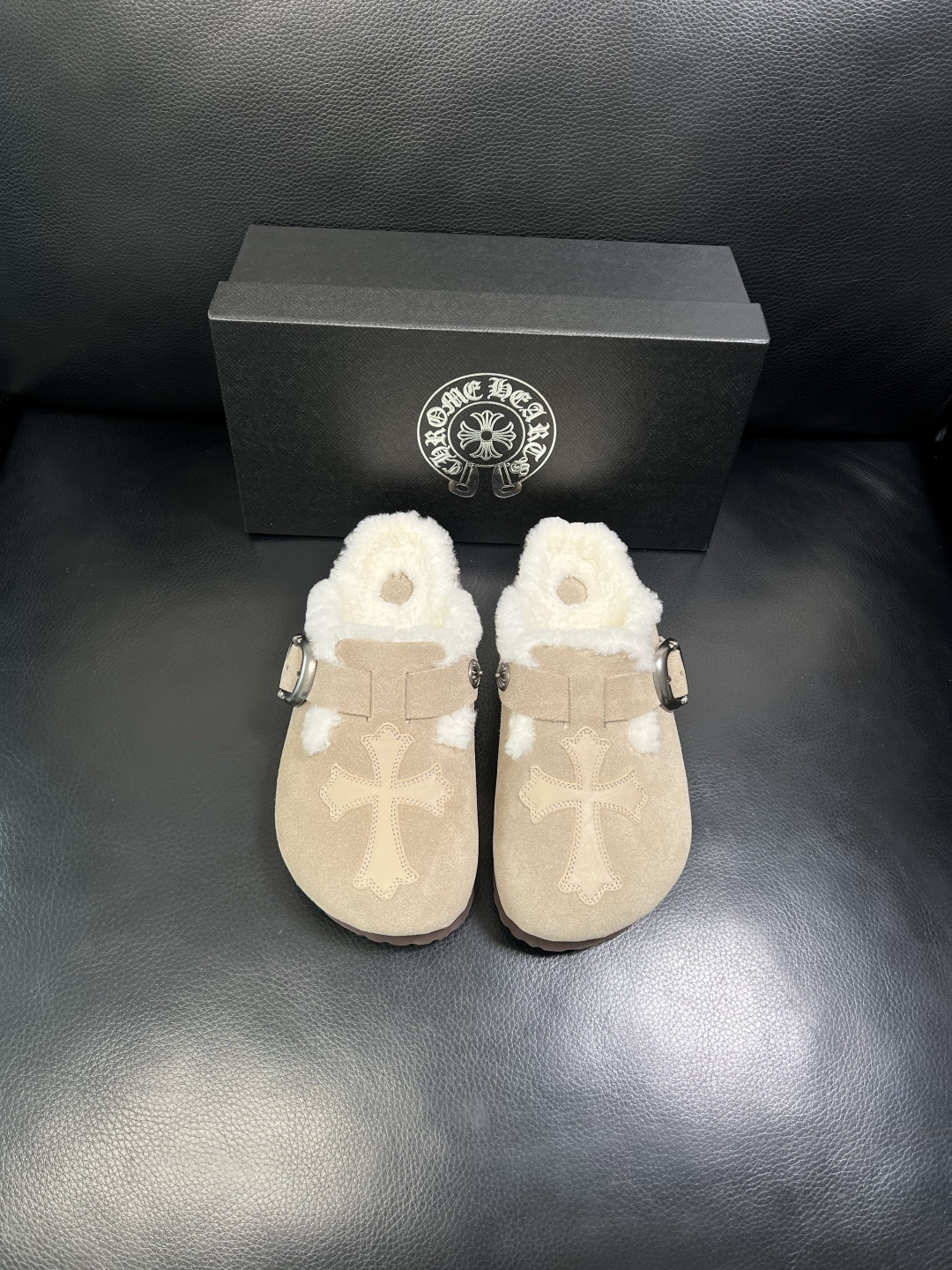 Chrome Heart Shearling Suede Clogs Beige