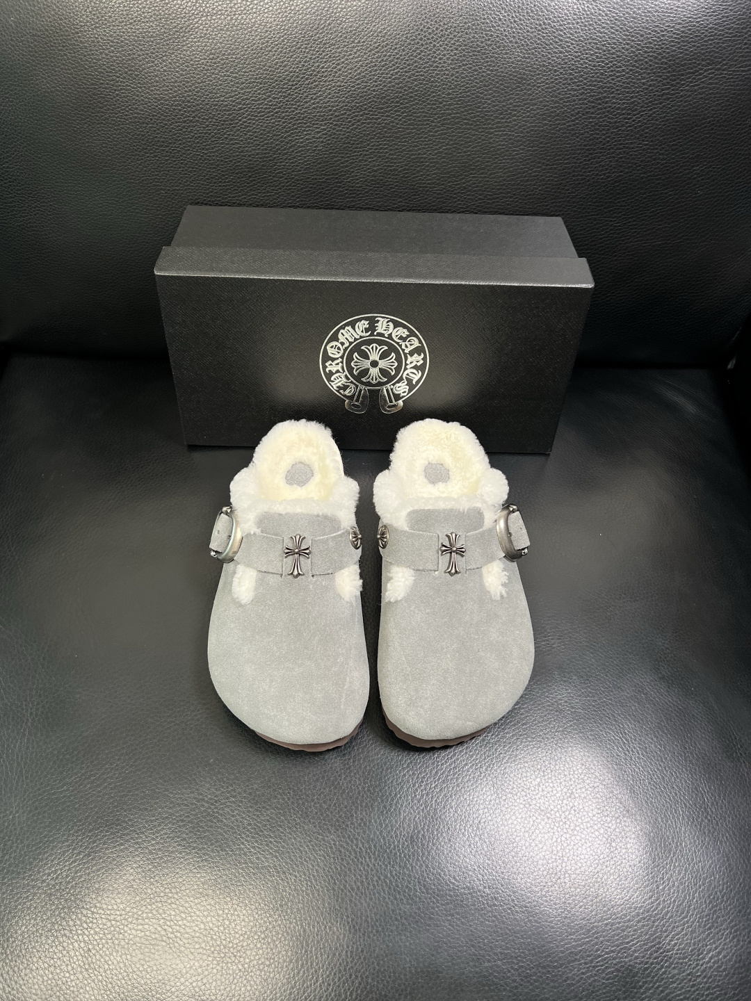 Chrome Heart Shearling Clogs Gray