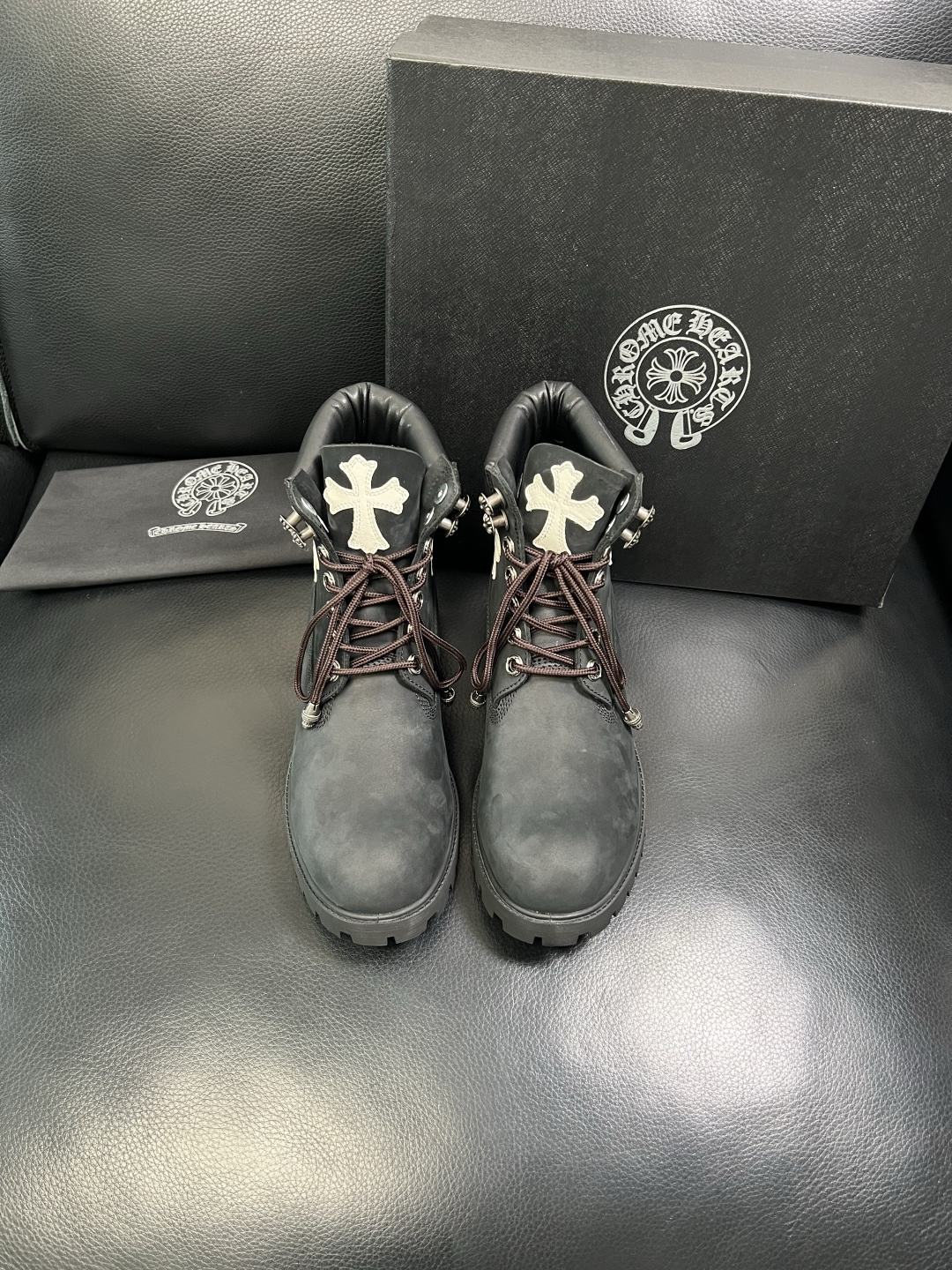 Chrome Heart Cross Leather Ankle Boots Black