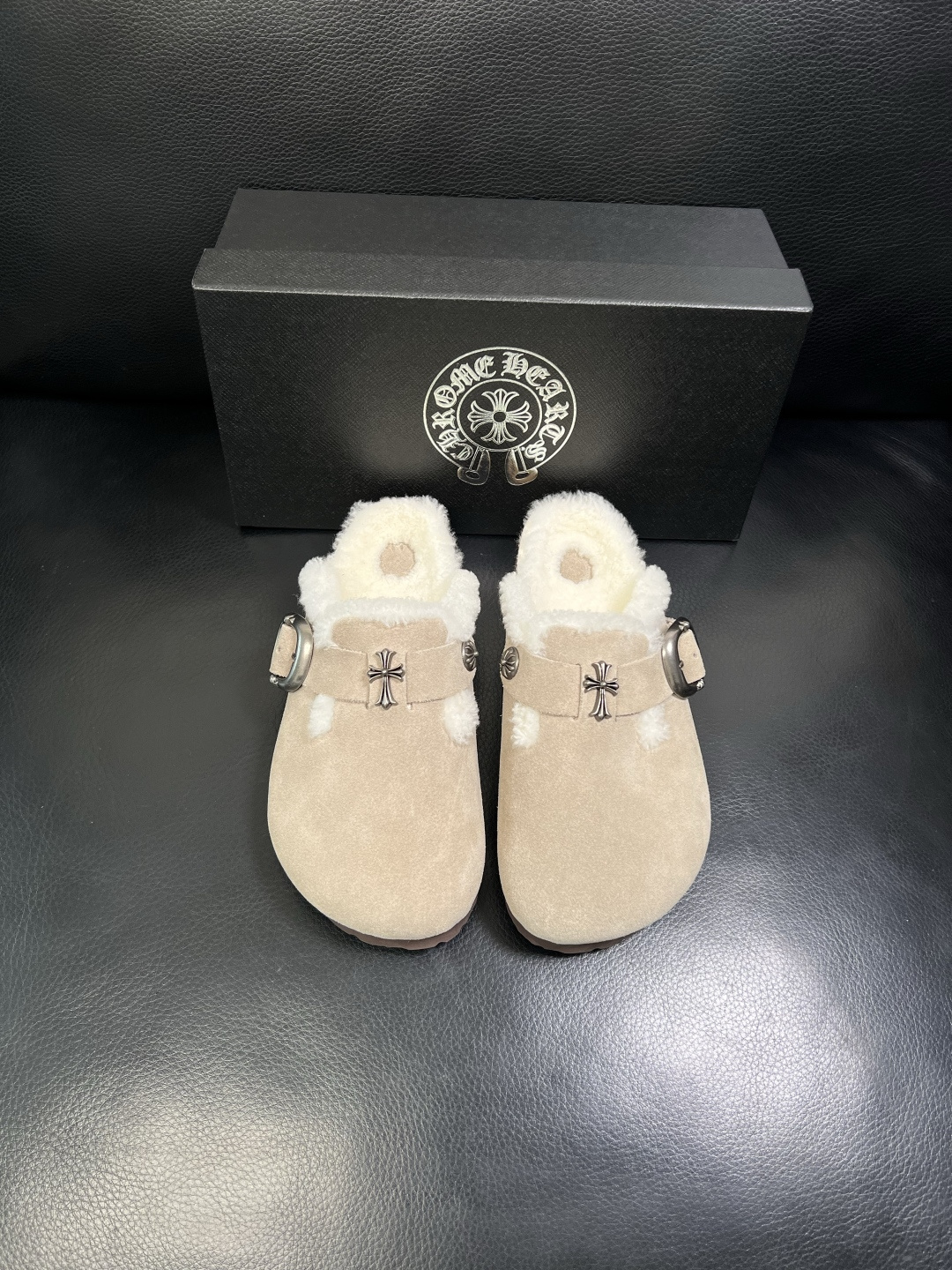 Chrome Heart Shearling-Lined Suede Clogs Beige