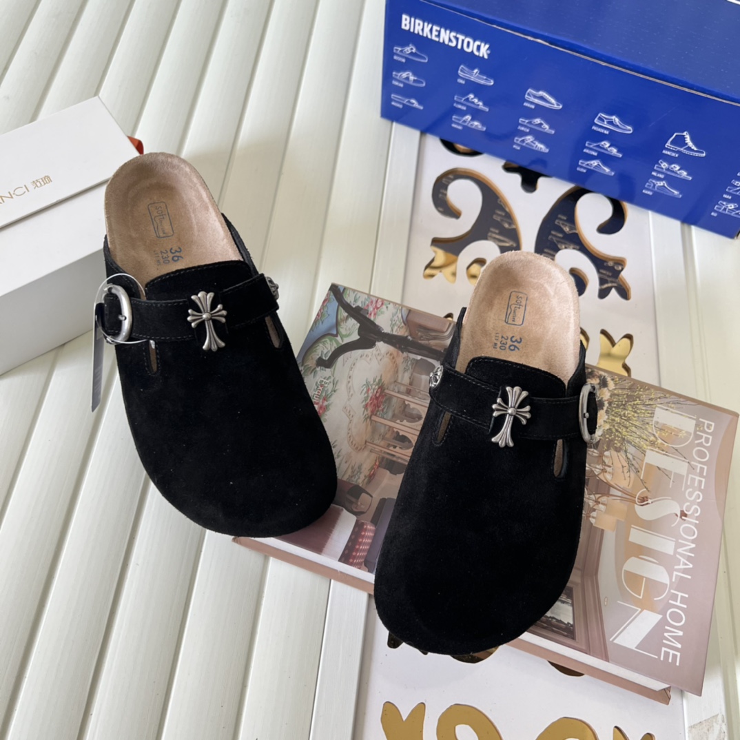 Birkenstock Suede Cross Buckle Clogs Black