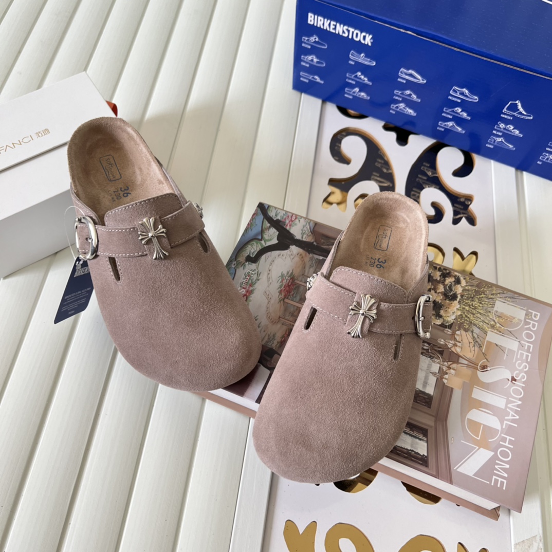 Birkenstock Suede Cross Buckle Clogs Taupe