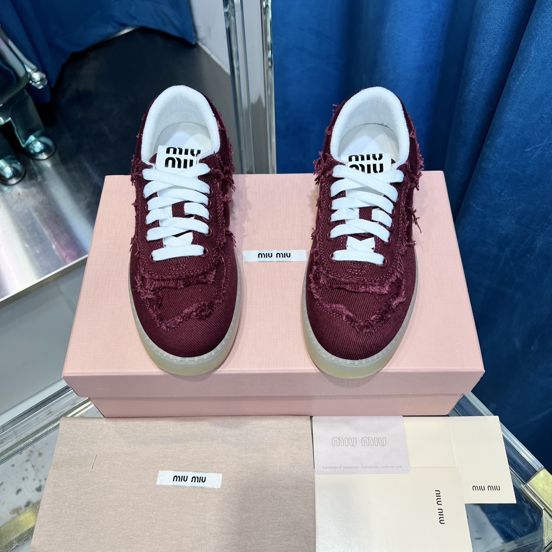Miu Miu Frayed Canvas Sneaker Burgundy