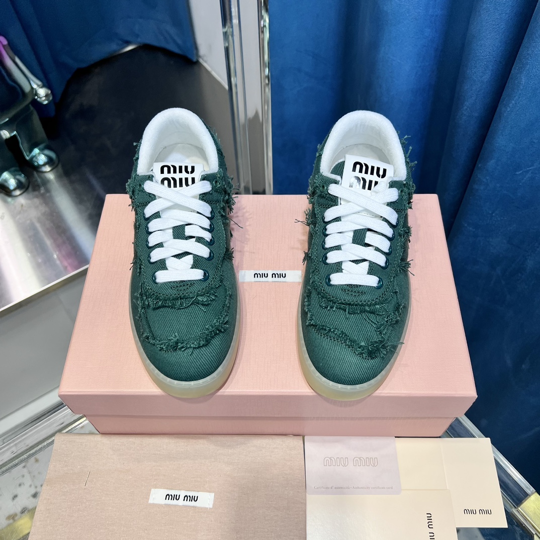 Miu Miu Frayed Canvas Sneakers Green