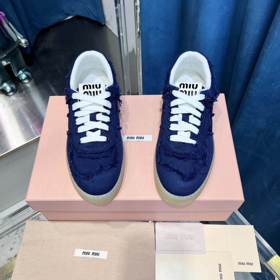 Miu Miu Distressed Canvas Sneakers Navy