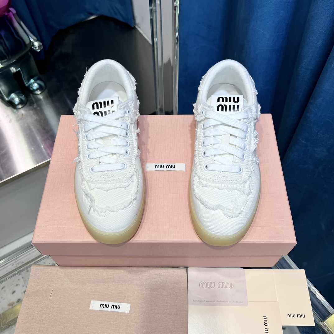 Miu Miu Frayed Canvas Sneakers White