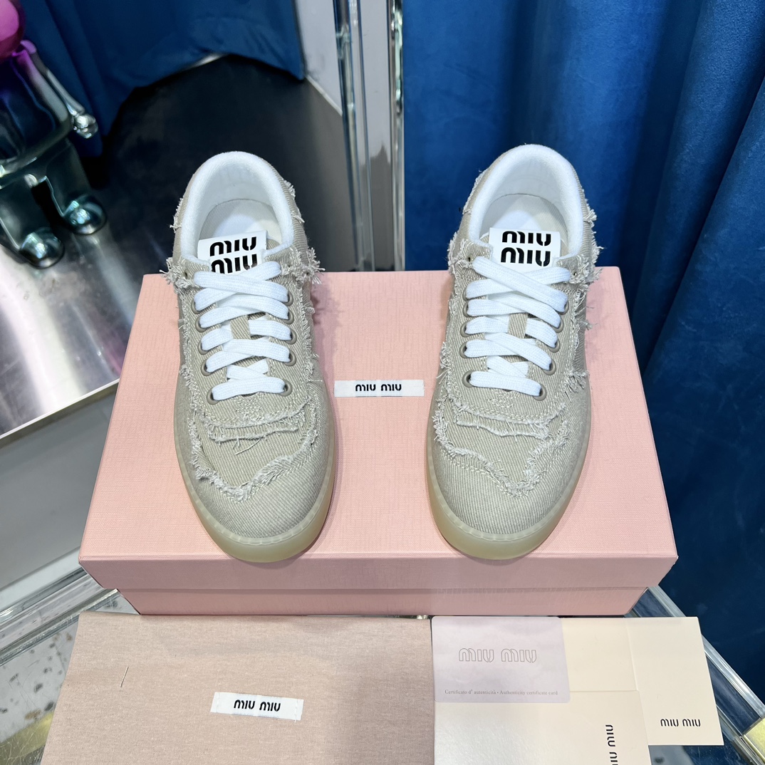Miu Miu Distressed Fringe Canvas Sneakers Beige