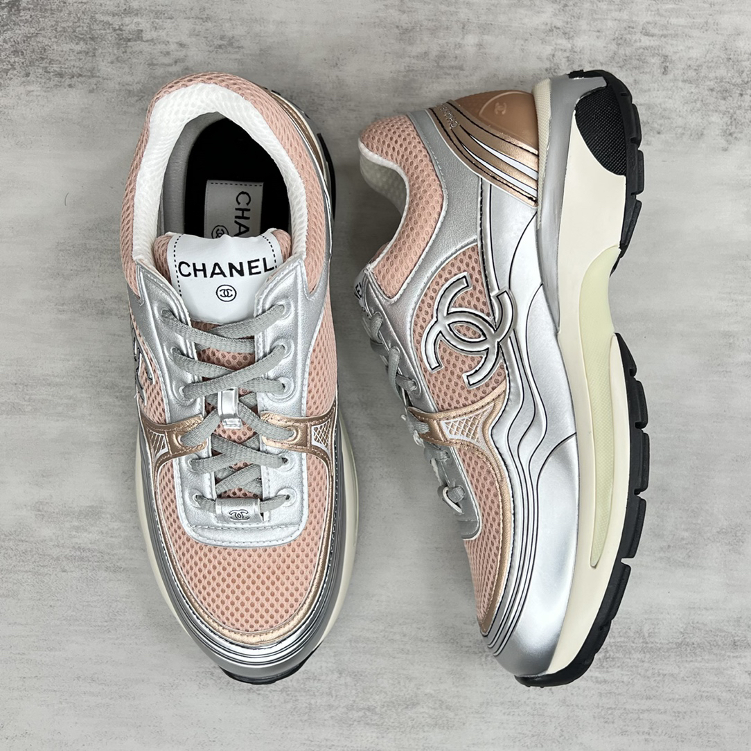 Chanel Mesh Leather Sneakers Silver Pink