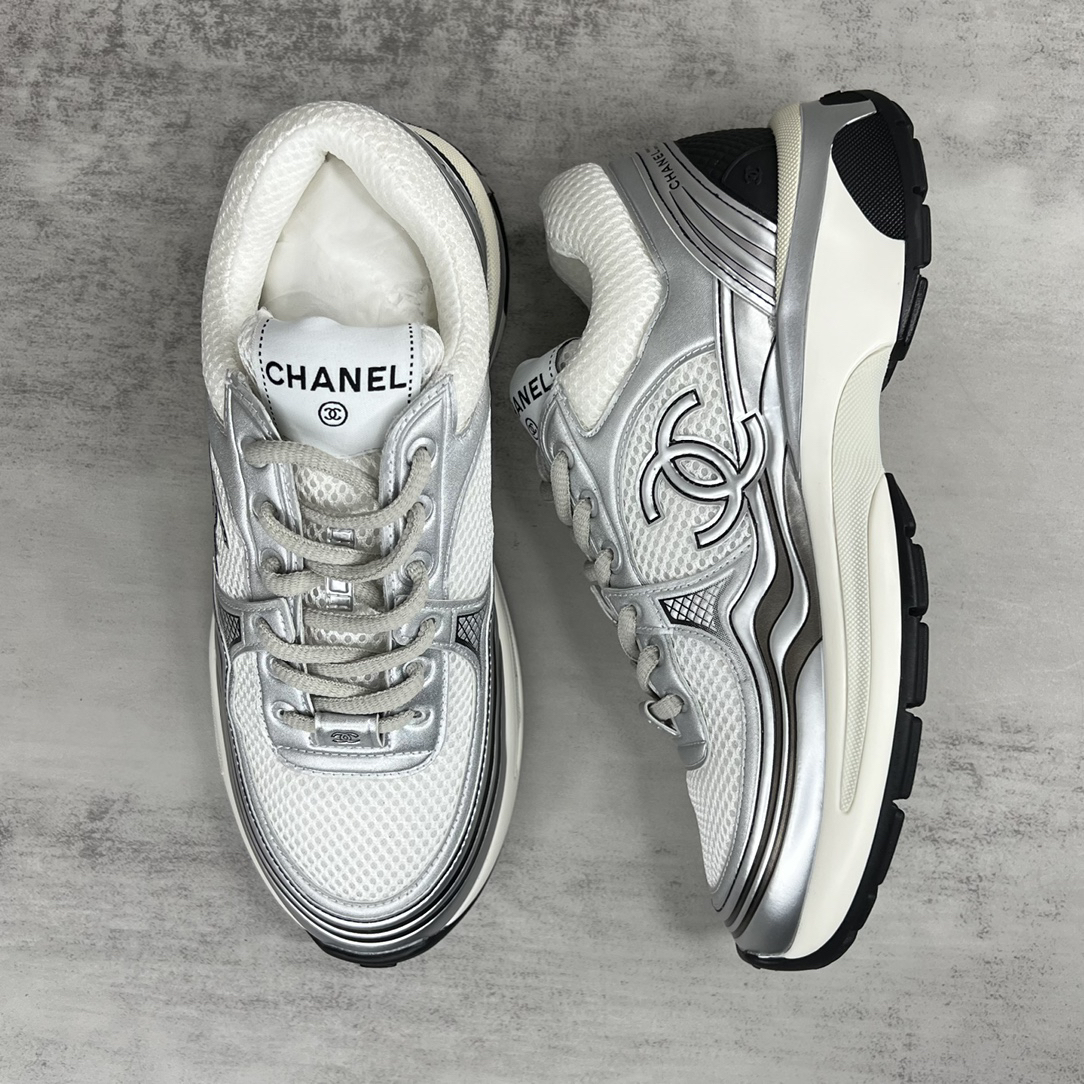 Chanel Mesh Leather Sneakers Silver