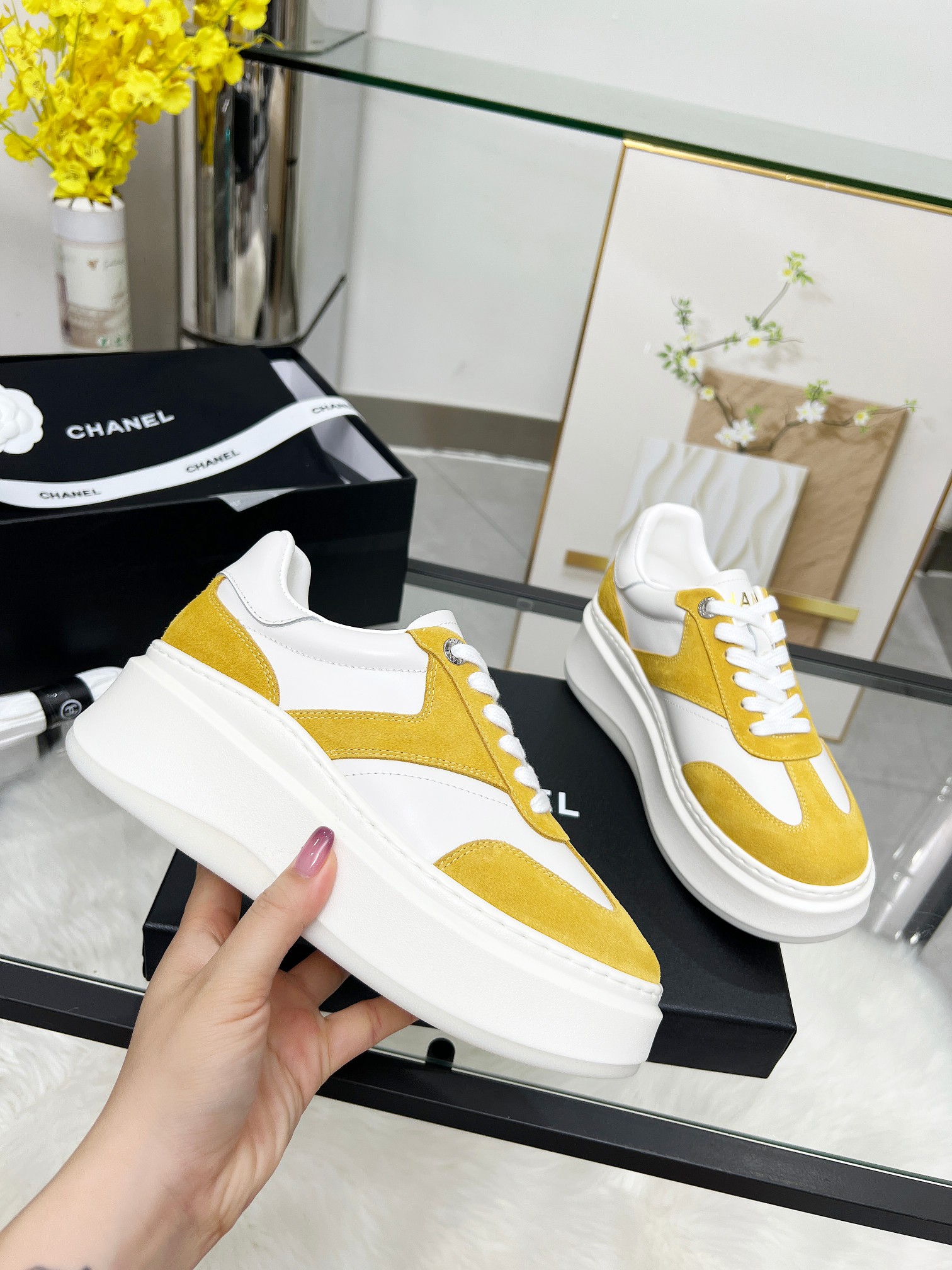 Chanel 25C Platform Sneakers White/Yellow