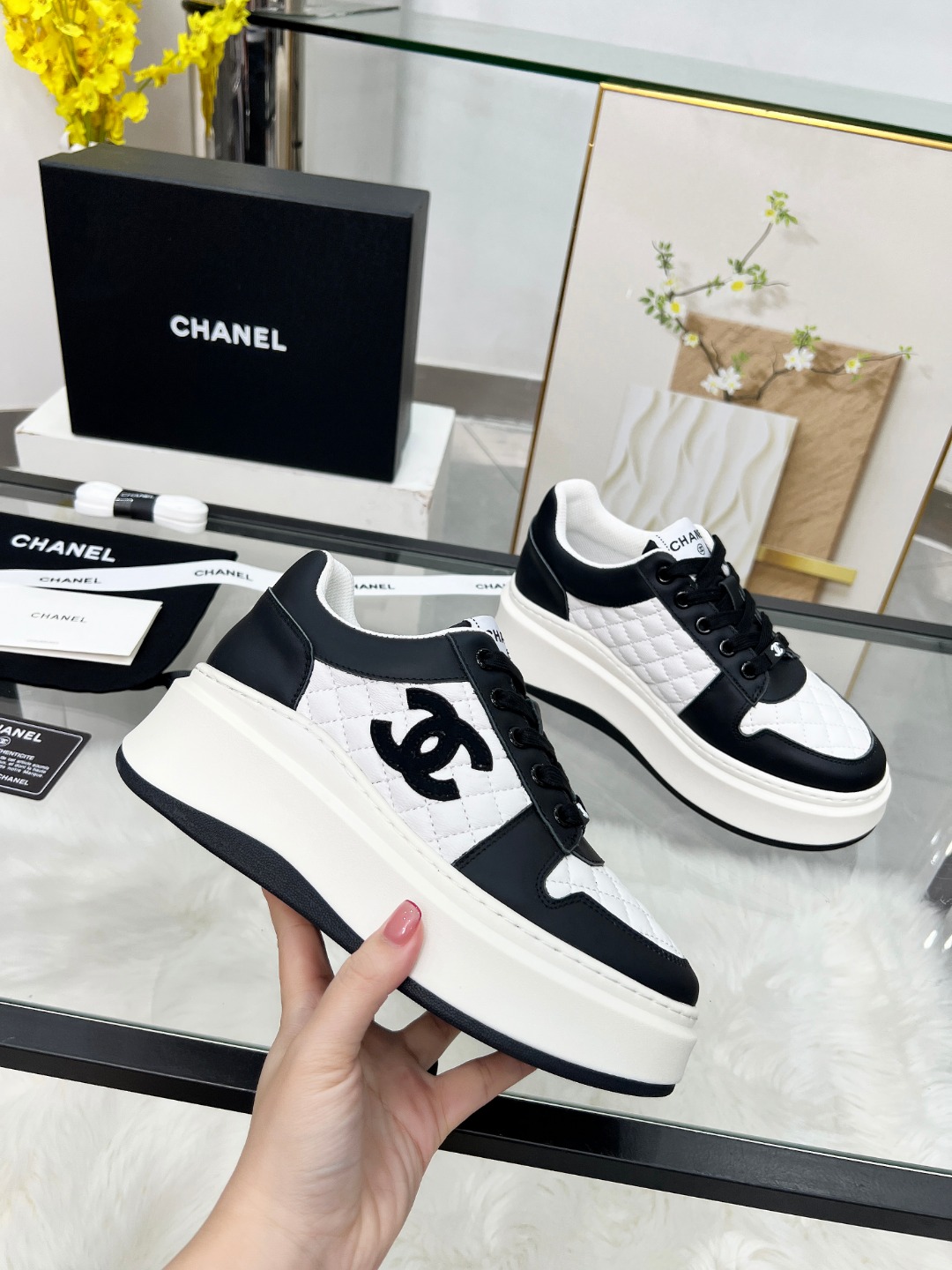 Chanel 25C Quilted Platform Sneakers Black/White