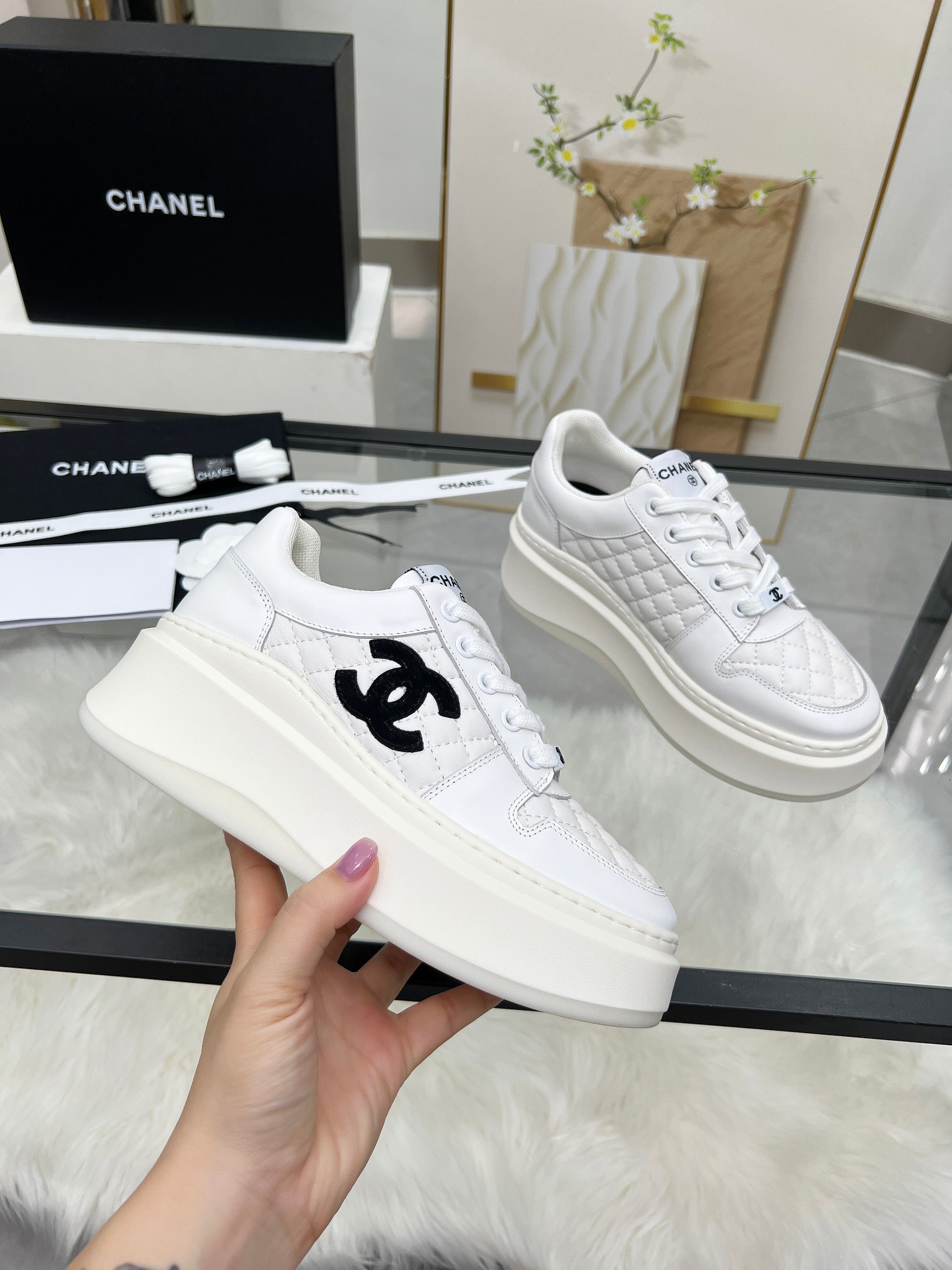 Chanel 25C Quilted Platform Sneakers White/Black